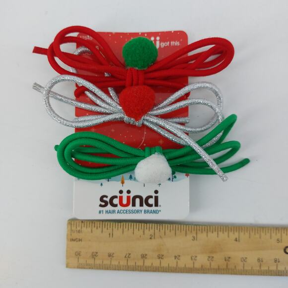 Scunci Christmas Red Silver Green Pom Pom Hair Ties Christmas Themed - Picture 6 of 7